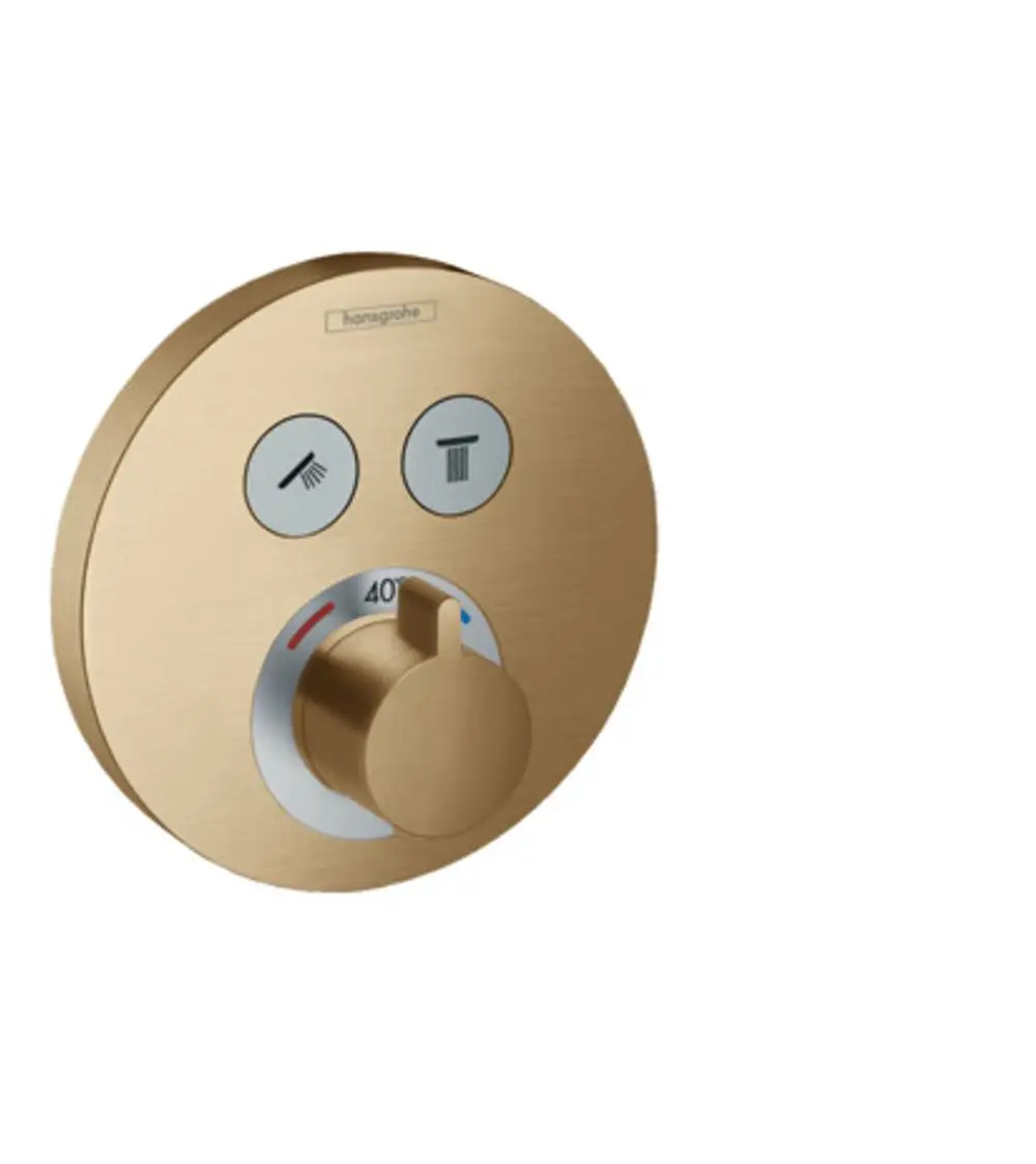 Thermostat von Hansgrohe in gebürstetem Bronze-Finish, runde Form mit einem Drehknopf zur Temperatureinstellung und zwei Bedienelementen für separate Verbraucher.